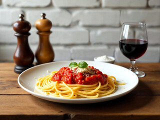 Spaghetti mit TomatensoÃŸe und ein Glas Rotwein