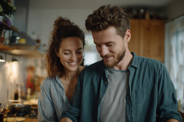 Fototapeta premium Happy young couple enjoying a cozy moment together while cooking in a warm, inviting kitchen at home