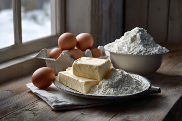 Fototapeta premium Fresh baking ingredients with butter, flour, and brown eggs on a rustic wooden table near a window