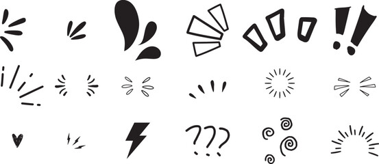 A set of vector comic and manga effect illustrations including question marks, exclamation marks, and various doodle elements for graphic design and animation projects.