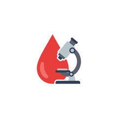 Blood drop and microscope symbolize crucial medical laboratory research and scientific analysis in healthcare.