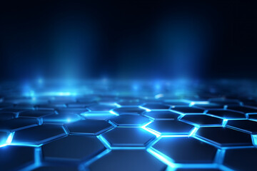Futuristic glowing blue hexagonal grid with digital light effects and abstract technology background