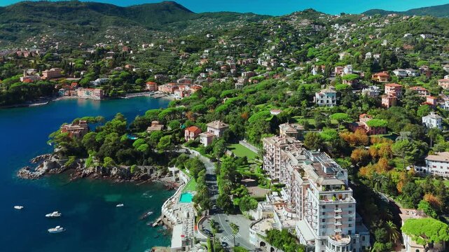 Aerial view of the picturesque resort town of Rapallo in Liguria, Italy