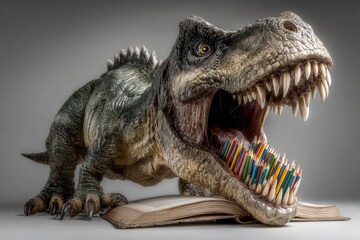 Fototapeta premium Textbook's hunger: pencils and kids vs giant. Local bookstores promote educational books and materials.
