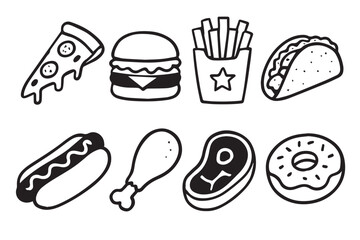 food doodle illustration collection fast food icon set. hamburger, pizza, hot dog, taco, french fries and crispy chicken outline.eps
