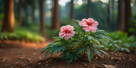 Floral Serenity in the Woods: A delicate pair of pink flowers bloom in a serene forest setting, evoking a sense of tranquility and the beauty of nature.