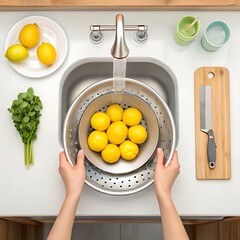 Fresh Lemons Rinsed in Kitchen Sink with Herbs, Cutting Board, and Tableware – Culinary Preparation and Lifestyle Image