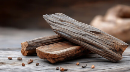Agarwood (oud wood) pieces placed on a rustic wooden table.