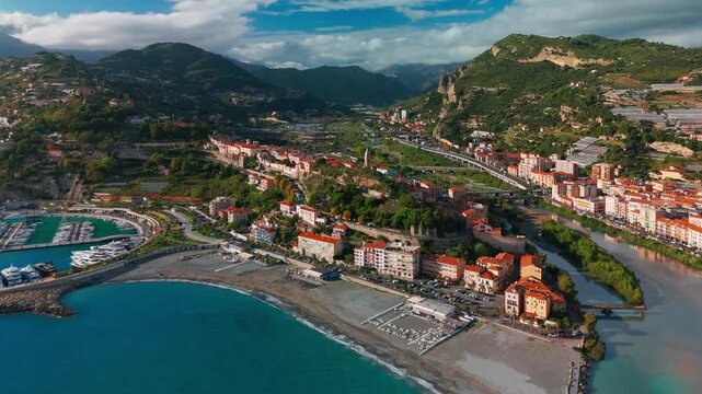 Aerial view of the Ventimiglia resort town, province of Imperia, Liguria, Italy