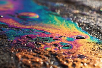 Fototapeta premium Macro View of Rainbow Oil Spill on Dark Pavement