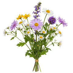 Fototapeta premium Colorful wildflower bouquet arranged with green leaves 