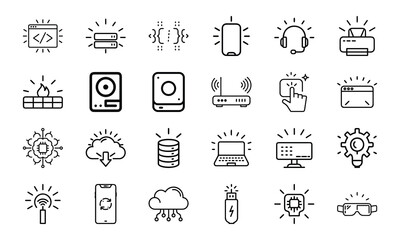 Fototapeta premium Technology and IT Line Icons Set with Light Up Effect – Coding, Cloud, Networking, Cybersecurity, AI, Server, and Device Interface Symbols on White Background