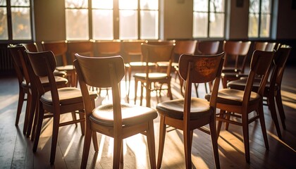 Obraz premium Wooden Chairs In A Circular Arrangement In Sunlit Room