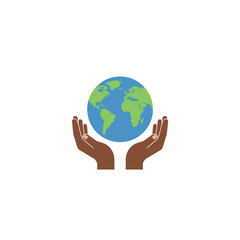 Brown hands gently holding and protecting a vibrant blue and green global Earth, symbolizing environmental care and unity.