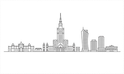 Obraz premium Black and white line art cityscape with iconic buildings and a tall spire skyline architecture