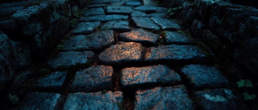 Close-up view of cobblestone pathway illuminated in low light creating a mysterious ambiance.