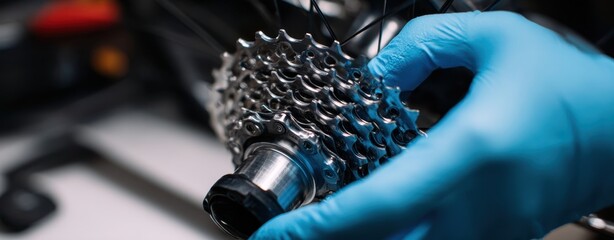 The skilled hand adjusting a bicycle gear in a modern workshop setting.