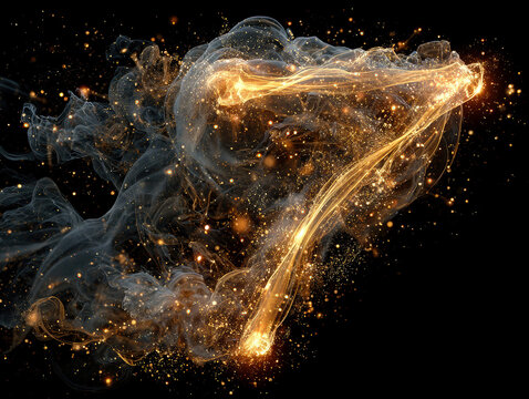 Close-up, night scene with angled view of a glowing fire streak and gold firebolt emitting smoke trails and sparks The central focus is a luminous swirl of light against dark backgroun - AI-Generated