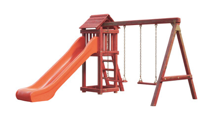 Fototapeta premium A classic wooden play structure with a vibrant orange slide and swing set. The structure is set against a transparent background.