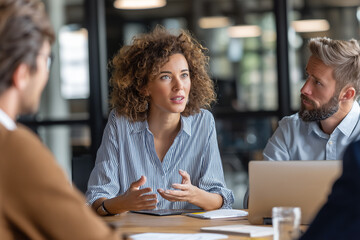 Businesswoman leading corporate meeting with team