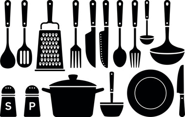 A collection of kitchen utensils including spoons, forks, knives, and other cooking equipment items