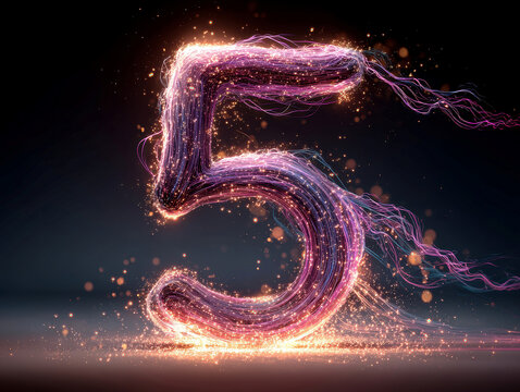 Stylized number 5 in dynamic violet and pink with light trails, floating against a dark backdrop, resembling a firework or magical incantation - AI-Generated