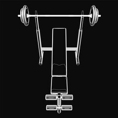 A black and white contour drawing of a bench press with a barbell, set against a dark background. The equipment is ideal for strength training, targeting muscles during squats, lunges.