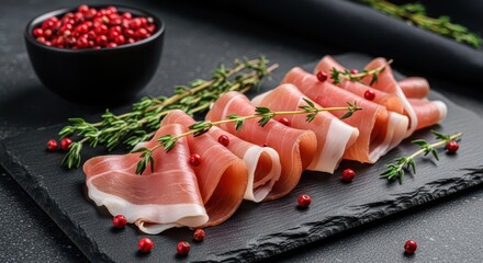 Prosciutto Ham Slices on Slate Board with Herbs & Pink Peppercorns - Gourmet Food Photo