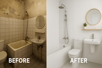 Bathroom renovation before and after comparison showing dramatic transformation from old damaged space to modern clean interior with white tiles, minimal design, upgraded fixtures and contemporary hom