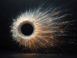 Circular fire rings with multicolor glows, radial explosions, and smoke trails against a dark sky dynamic scene of sparks in flight High contrast image with central circular pattern o - AI-Generated