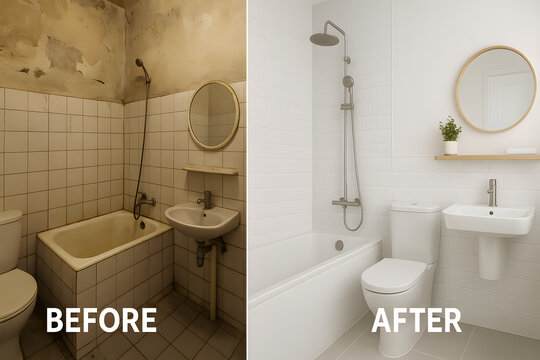 Bathroom renovation before and after comparison showing dramatic transformation from old damaged space to modern clean interior with white tiles, minimal design, upgraded fixtures and contemporary hom