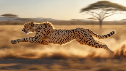 Cheetah running across African savanna at sunset