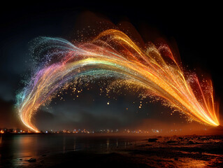 Rainbow-colored fireworks display over water at night, with various shapes and colors orange, red, purple, blue Explosions occur in perfect numbers, arcing across the black sky The - AI-Generated