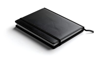 Black leather bound notebook on white background