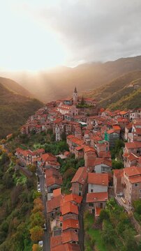 Aerial view of the picturesque hilltop town of Apricale, Liguria, Northern Italy
