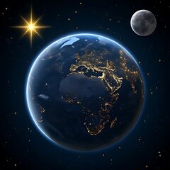 Digital Illustration of Earth’s City Lights with Crescent Moon in Starry Space – Planetary Beauty and Cosmic Perspective