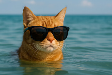 Cool orange cat wearing stylish black sunglasses swimming in blue ocean water, funny summer vacation concept with adorable feline enjoying beach holiday, pet lifestyle and exotic tropical travel backg