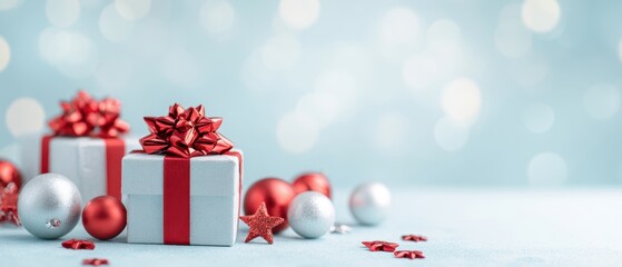 The festive gifts beautifully arranged with shimmering decorations and bright colors.