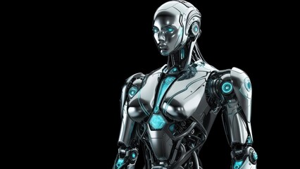 Chrome female robot, sleek design, dark background