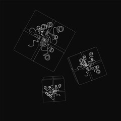 Obraz premium Three white wireframe boxes arranged in a triangular formation on a solid black background. The central box is largest, flanked by two smaller ones, creating a minimalist gift box concept.