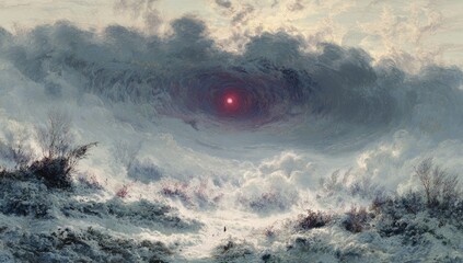 Winter landscape, swirling clouds, crimson sun