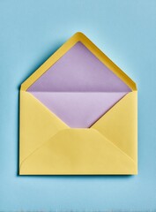 Open yellow envelope with lavender interior on light blue background