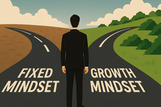 Businessman standing at crossroads choosing between fixed mindset and growth mindset, conceptual personal development and career decision illustration, self improvement motivation psychology leadershi