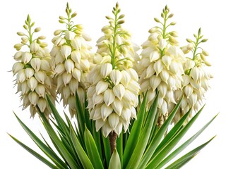 Fototapeta premium Yucca Flowers in Full Bloom Against a Clean White Background