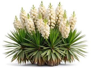 A beautiful arrangement of blooming Yucca plants against a white background