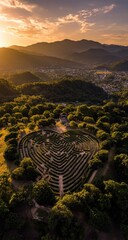 Heart-shaped maze at sunset, nestled in hills, with lush greenery