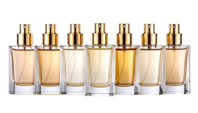Six exquisite perfume bottles with luxurious golden caps, a symphony of scent and sophistication isolated on solid white background in Png