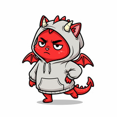 Fototapeta premium Cartoon illustration of an angry red cat-like creature dressed in a grey hoodie with horns, wings, and a tail, striking a pose.