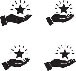 Four black hand icons holding a shining star isolated on transparent background