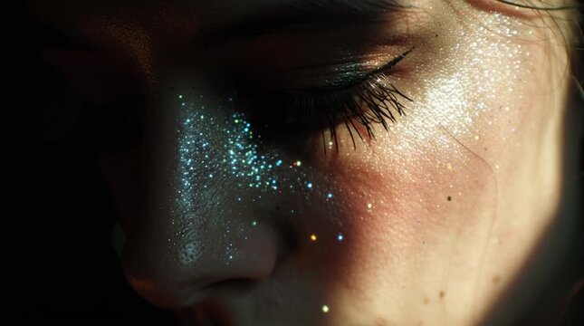 Close-up of a woman&rsquo;s cheekbone softly lit in a dark room, revealing delicate skin texture and subtle glow. A refined beauty shot perfect for skincare ads, luxury branding, and fine art visuals.
